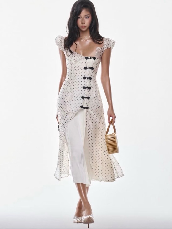 ibiboss Dresses & Skirts - Ivory Sheer Polka Dot Overlay Dress with Black Knot Buttons